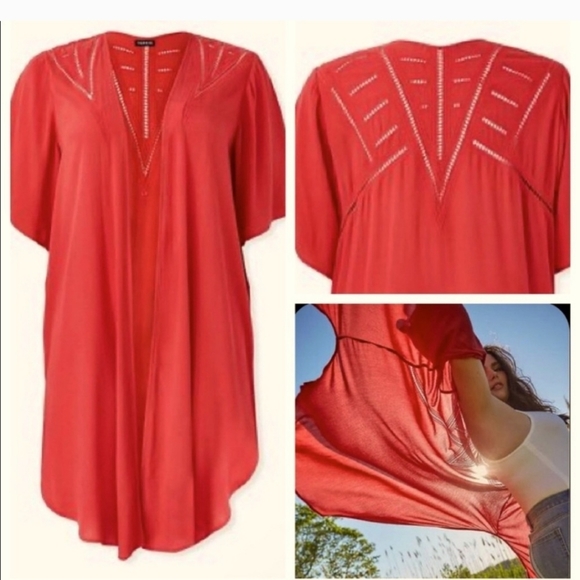 Torrid Red Crinkled Gauze Crochet Inset Longline Kimono Cardigan - Picture 8 of 8